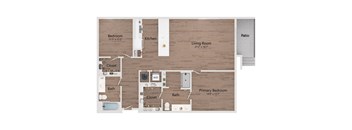 A floor plan of a house with a living room, two bedrooms, a kitchen, a bathroom, and a patio.
