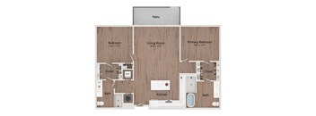 A floor plan of a home with a living room, two bedrooms, a kitchen, and two bathrooms.