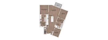 A floor plan of a house with a balcony, two bedrooms, a living room, a kitchen, a bathroom, a closet, and an office/flex space.
