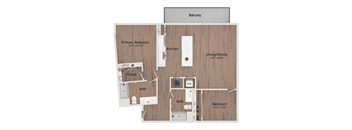 A floor plan of a home with a primary bedroom, living/dining area, kitchen, bath, closet, and a balcony.