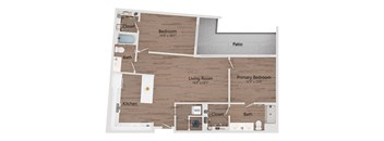 A floor plan of a house with a living room, kitchen, two bedrooms, a bathroom, and a patio.