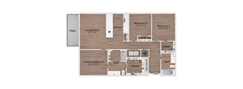 A floor plan of a house with a living room, kitchen, two bedrooms, a bathroom, and a patio.