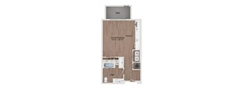 A diagram of a small apartment with a living/sleeping area, kitchen, and bathroom.