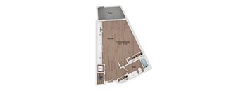 A floor plan of a small apartment with a kitchen, bathroom, and patio.