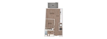 A floor plan of a small apartment with a living room, kitchen, bedroom, bathroom, and a patio.