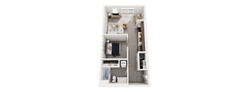 A top down view of a small apartment with a kitchen, living room, and bathroom.