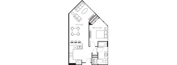 A floor plan of a house with a living room, dining room, kitchen, and bathrooms.