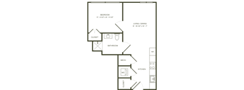 A floor plan of a small apartment with a bedroom, bathroom, living/dining area, kitchen, and two closets.