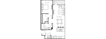 A black and white image of a floor plan for a small apartment.