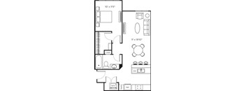 A black and white image of a floor plan for a small apartment.