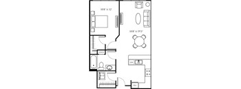 A floor plan of a room with dimensions and furniture layout.