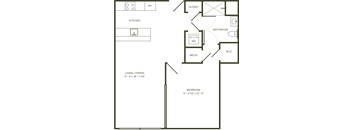 A floor plan of a small apartment with a living area, kitchen, bathroom, and bedroom.