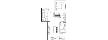 A floor plan of a room with a kitchen, living room, and bathroom.