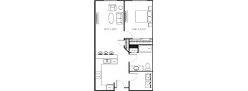 A floor plan of a room with dimensions and furniture layout.