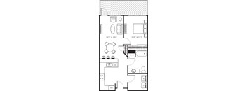 A floor plan of a room with dimensions and furniture layout.