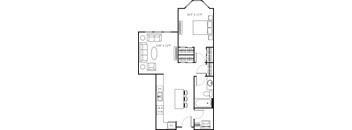 A floor plan of a house with a living room, dining room, kitchen, and bathrooms.