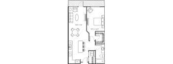 A floor plan of a house with a kitchen, living room, and bathroom.
