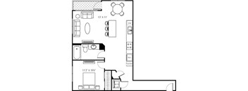 A floor plan of a house with a living room, dining room, kitchen, and pantry.