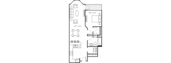 A floor plan of a house with a living room, dining room, kitchen, and bathrooms.