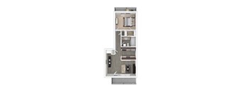 A floor plan of a house with a kitchen, living room, dining room, and bathroom.