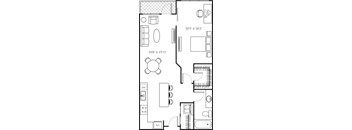 A floor plan of a house with a living room, dining room, kitchen, and bathrooms.