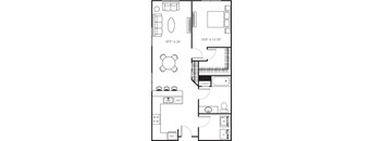A floor plan of a house with a living room, dining room, kitchen, and bathrooms.