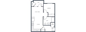 A floor plan of a house with a bedroom, kitchen, living room, and bathroom.