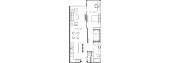 A floor plan of a room with dimensions and furniture layout.