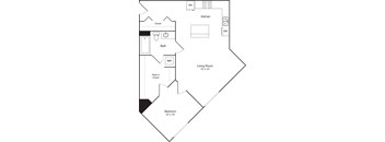 A floor plan of a small apartment with a living room, bedroom, bathroom, and kitchen.