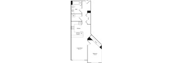 A floor plan of a house with a living room, kitchen, bathroom, and bedroom.