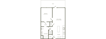 A floor plan of a small apartment with a bedroom, living/dining area, kitchen, bathroom, and closet.