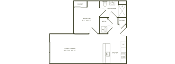 A floor plan of a small apartment with a bedroom, living room, kitchen, and bathroom.
