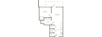 A floor plan of a house with a patio, bedroom, bathroom, living/dining area, kitchen, and two closets.