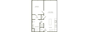 A floor plan of a small apartment with a bedroom, bathroom, kitchen, living/dining area, and two closets.