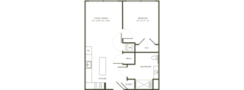 A floor plan of a small apartment with a living/dining area, kitchen, bathroom, bedroom, and closet.
