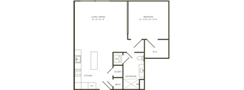 A floor plan of a small apartment with a living/dining area, kitchen, bathroom, bedroom, and a workspace.