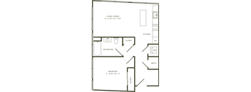 A floor plan of a small apartment with a living/dining area, kitchen, bathroom, bedroom, and two closets.