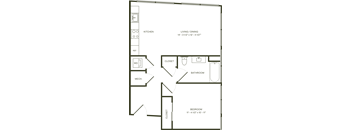 A floor plan of a small apartment with a kitchen, bathroom, and bedroom.