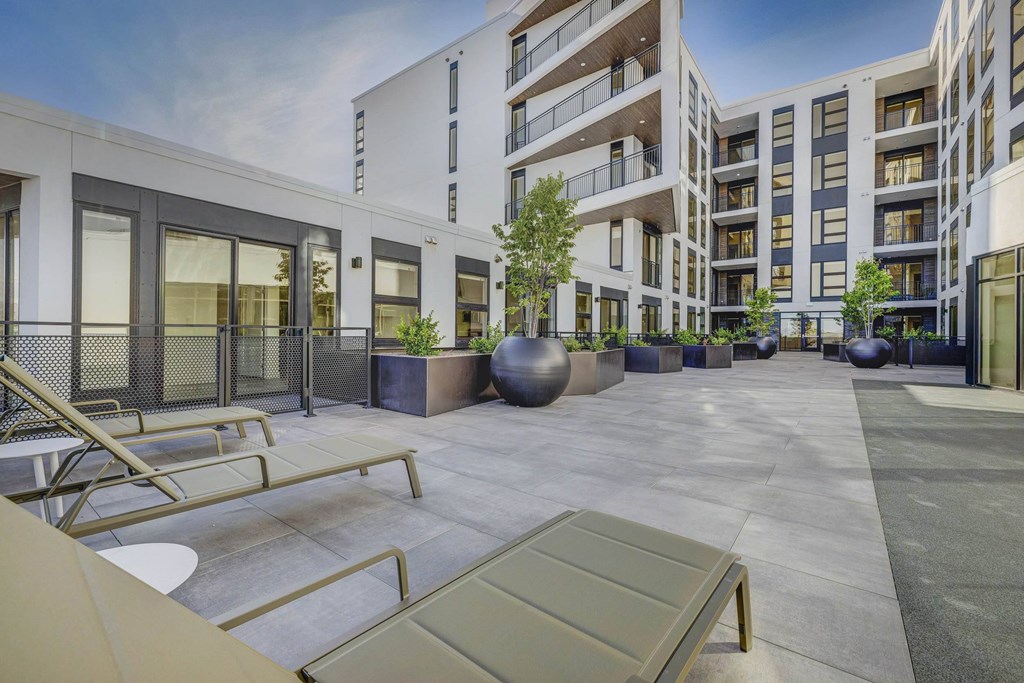 A modern courtyard with a bench and a tree in front of apartment buildings.
