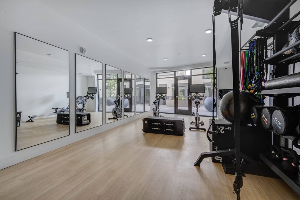 A gym with a mirrored wall and wooden floors.