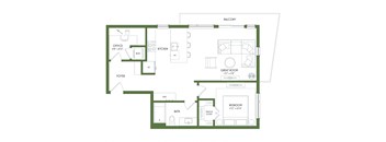 A floor plan of a house with a balcony, office, kitchen, foyer, great room, and two bedrooms.