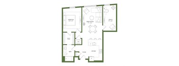 A floor plan of a house with a bedroom, bathroom, kitchen, office, and great room.