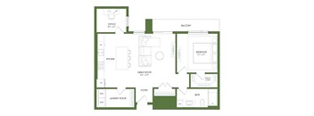 A floor plan of a house with a kitchen, laundry room, office, great room, bath, and balcony.
