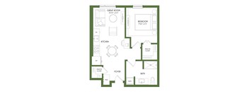 A floor plan of a house with a great room, bedroom, kitchen, foyer, bath, and walk-in closet.