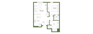 A floor plan of a house with a bedroom, great room, kitchen, foyer, bath, and walk-in closet.