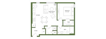 A floor plan of a house with a kitchen, foyer, bath, and bedroom.