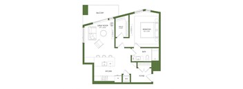 A floor plan of a house with a balcony, great room, bedroom, bath, kitchen, and foyer.