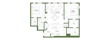 A floor plan of a house with two bedrooms, a foyer, a kitchen, a great room, and a bathroom.