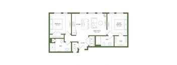 A floor plan of a house with a primary bedroom, a great room, and a foyer.