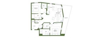 A floor plan of a house with a primary bedroom, two bathrooms, a foyer, a walk-in closet, and a balcony.